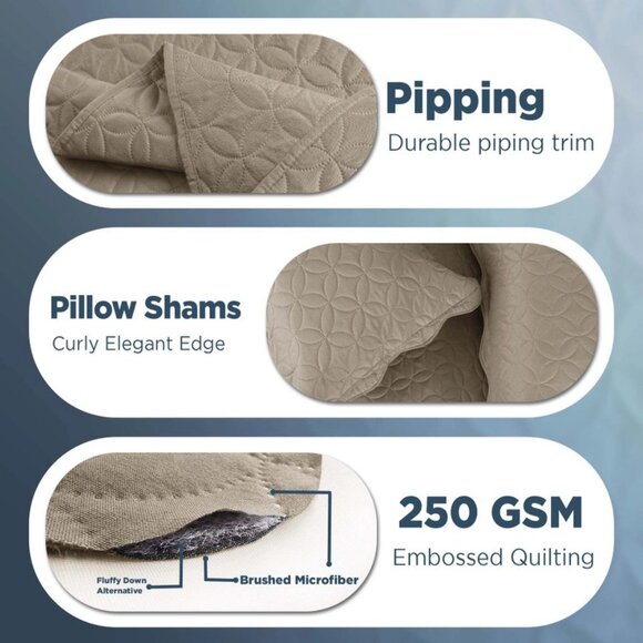 Elegant Taupe Quilted Lightweight Bedspread 3pc Set King - Picture 7 of 10